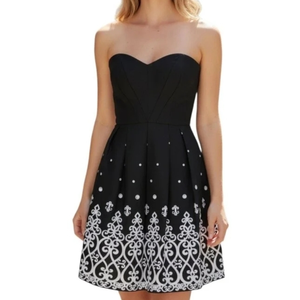 White House Black Market Black Strapless Dress with White Embroidered Hem - Picture 1 of 4